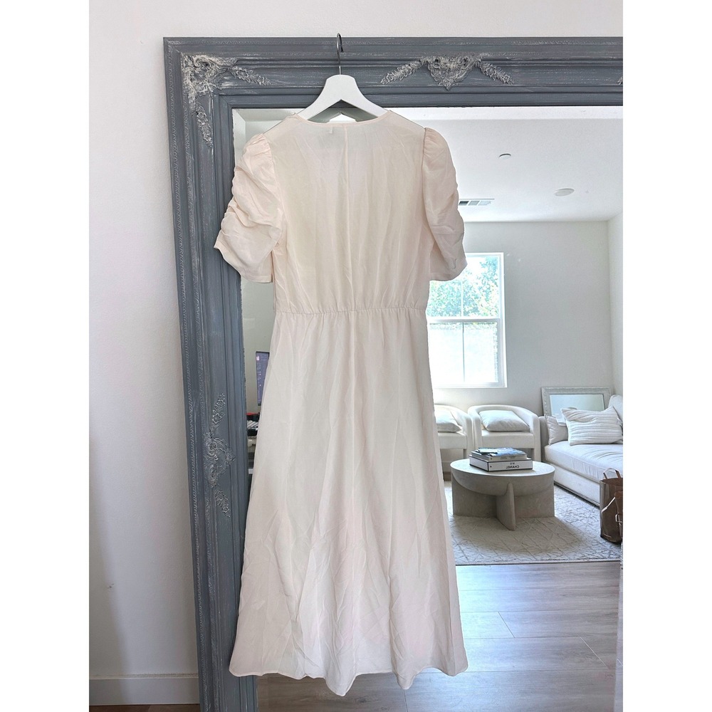 Amour Vert Silk Ruched V-Neck Midi Dress Cream Ivory Puff Sleeve Front Slit S - Picture 4 of 7
